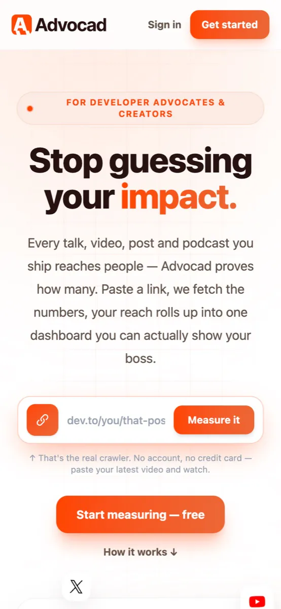 Advocad landing page on a phone: headline, link field with Measure it button and Start measuring free button