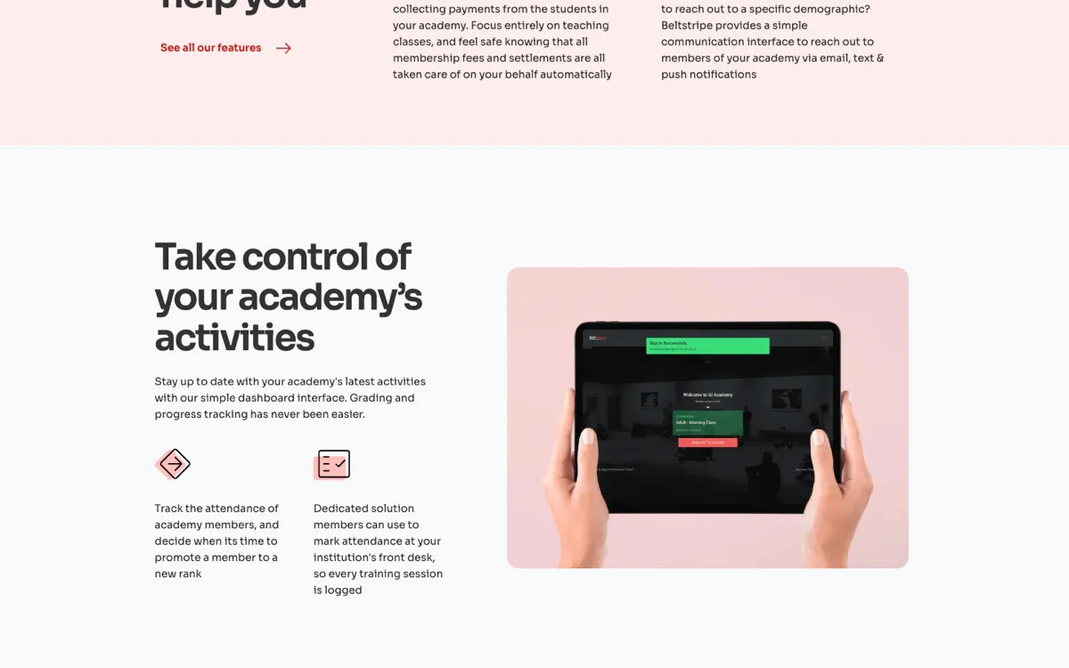 BeltStripe page section "Take control of your academy's activities" with a tablet showing the academy dashboard, plus attendance and front-desk check-in features