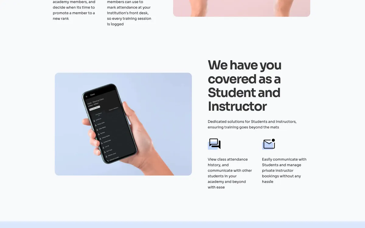 BeltStripe page section "We have you covered as a Student and Instructor" with a hand holding a phone showing the class attendance list