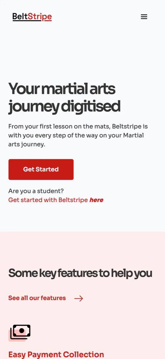 BeltStripe home page on a phone: headline, Get Started button and the start of the key features section