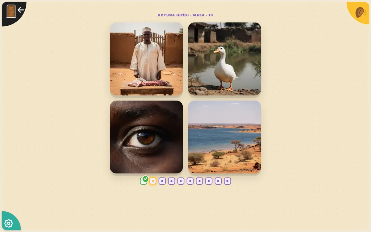 Kratu picture game "Hotuna huɗu · Wasa · 10" (four pictures): a grid of four photos, a butcher, a duck, an eye and a lake, with ten progress dots, the first ticked