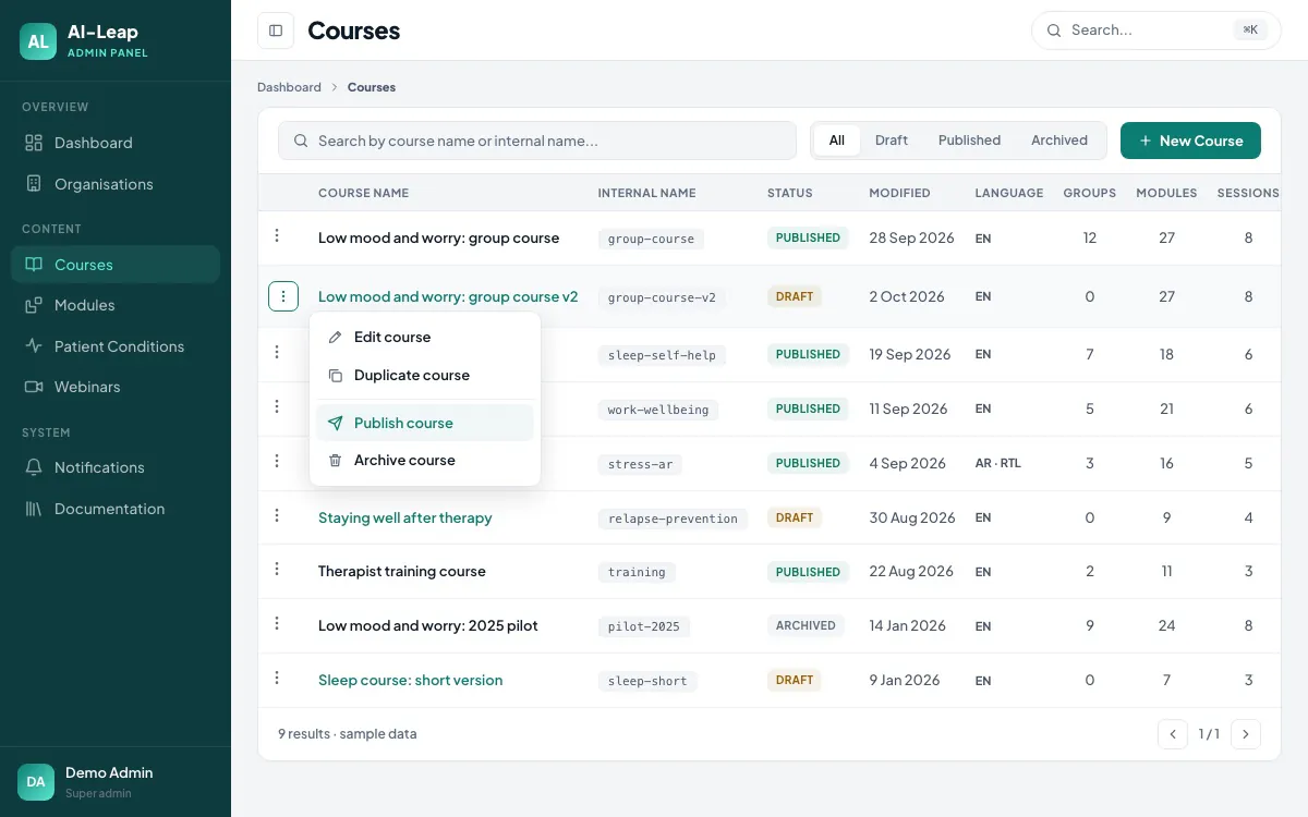 Course library. Illustration of the AI-Leap admin course list: a table of courses with internal names, Published, Draft and Archived status badges, language, groups, modules and sessions, and a row menu with Edit, Duplicate, Publish and Archive