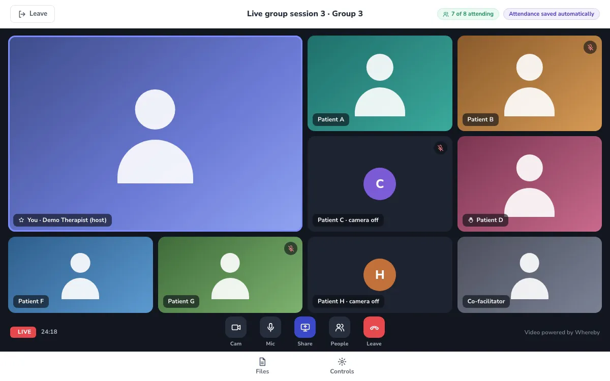 Live group call. Illustration of a live group therapy session inside the AI-Leap therapist app: a video grid of abstract avatar tiles for the therapist and patients, camera and microphone states, call controls, Files and Controls toolbar, and an attendance indicator