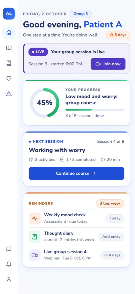 Patient home. Illustration of the AI-Leap patient app home on a phone: greeting, a live group session banner with Join now, a course progress ring, the next session card with Continue course, and reminders for a questionnaire, a journal and the next live session