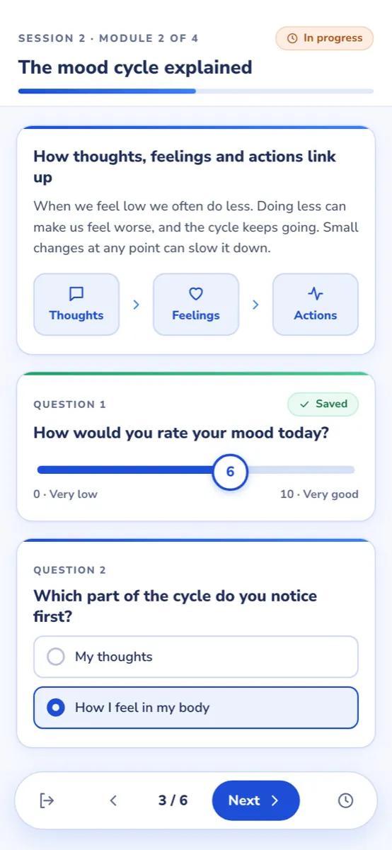 Patient module. Illustration of a module page in the AI-Leap patient app on a phone: a short text block about the mood cycle, a 0 to 10 mood slider, a single-choice question, and the floating toolbar with exit, previous, page 3 of 6 and Next