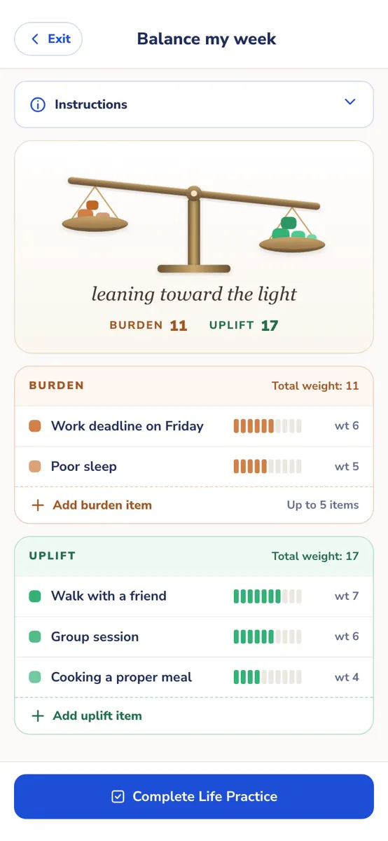 Balance exercise. Illustration of the UpLift-X balance life practice on a phone: a brass scale tipping toward the uplift side with the phrase leaning toward the light, a burden list and an uplift list of sample items with weights, and a Complete Life Practice button