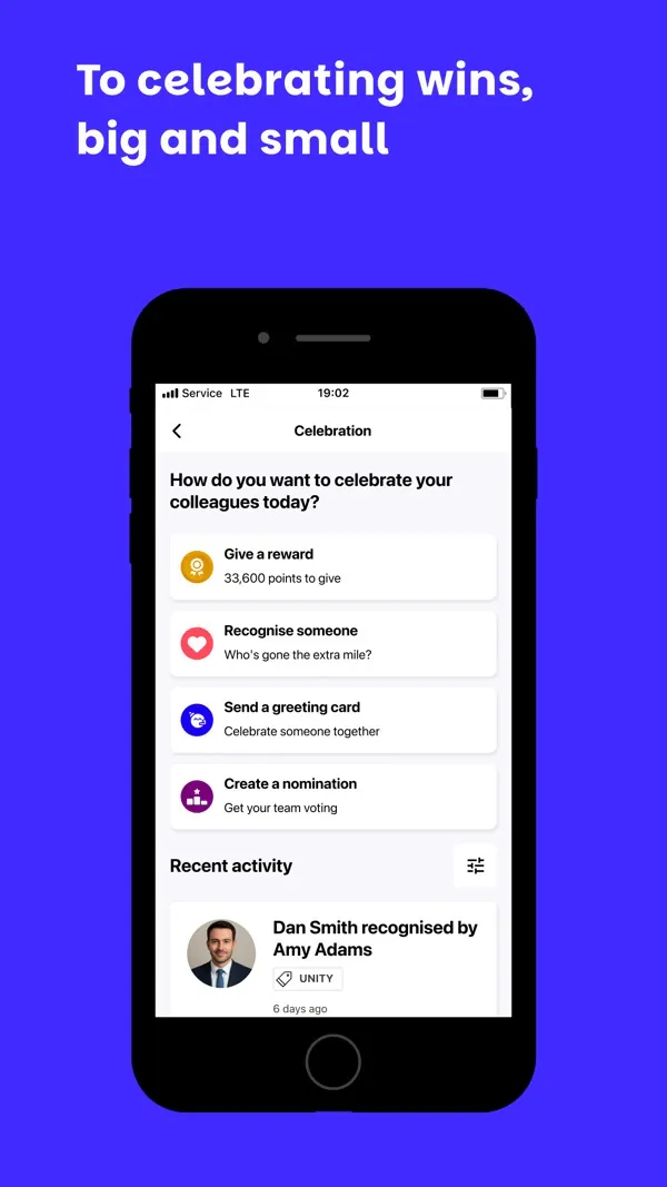 Perkbox App Store screenshot "To celebrating wins, big and small": Celebration screen to give a reward, recognise someone or send a greeting card