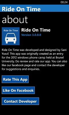 Ride On Time about page, version 3.0.0.0, noting it was built by Sani Yusuf for the 2012 Windows Phone camp at Brunel University