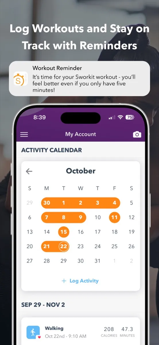 Sworkit App Store screenshot "Log Workouts and Stay on Track with Reminders": activity calendar for October and a workout reminder notification
